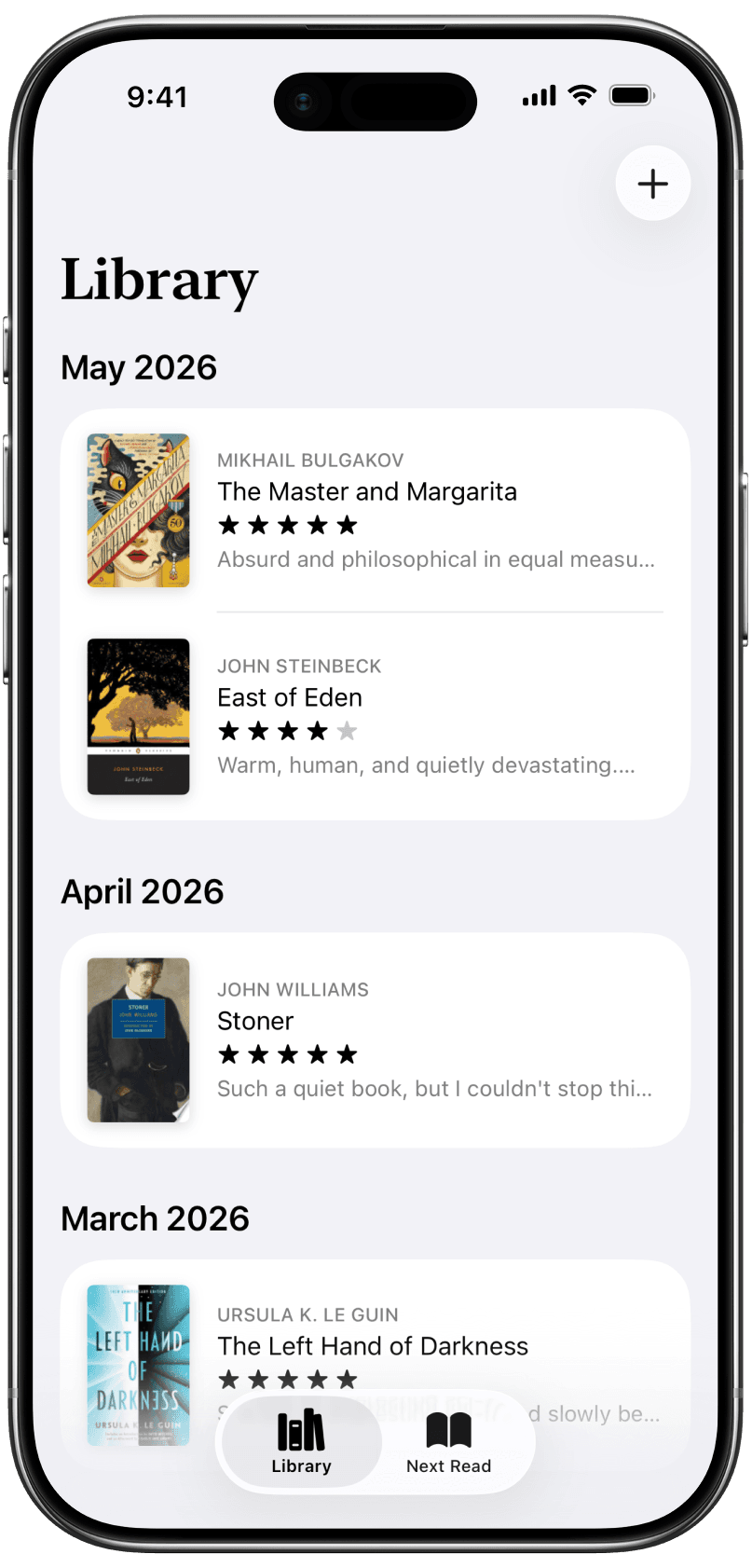 Your reading journal, grouped by month